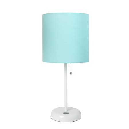 Creekwood Home Oslo 19.5in Contemporary Bedside USB Port Feature Metal Table Lamp, White, Aqua Drum Fabric Shade CWT-2011-AW